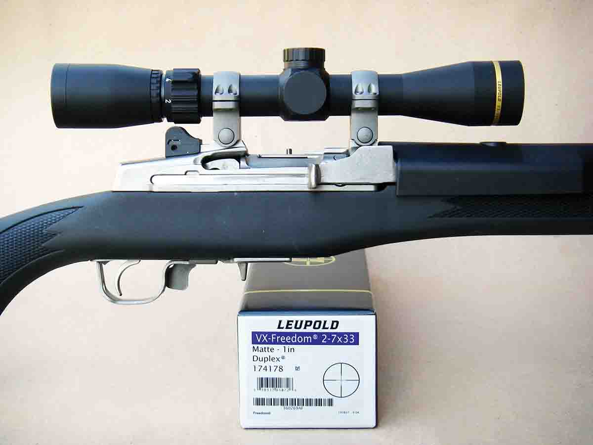 A Leupold VX-Freedom 2-7x 33mm scope was installed on the Ruger Mini-14 Ranch Rifle 5.56 NATO/.223 Remington.